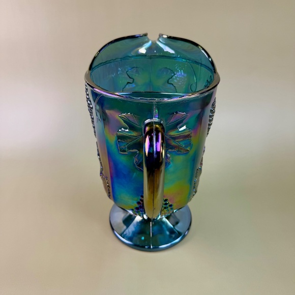 Vintage Indiana Glass Blue Carnival Grape Vine Pitcher | Iridescent Pedestal - Picture 13 of 16